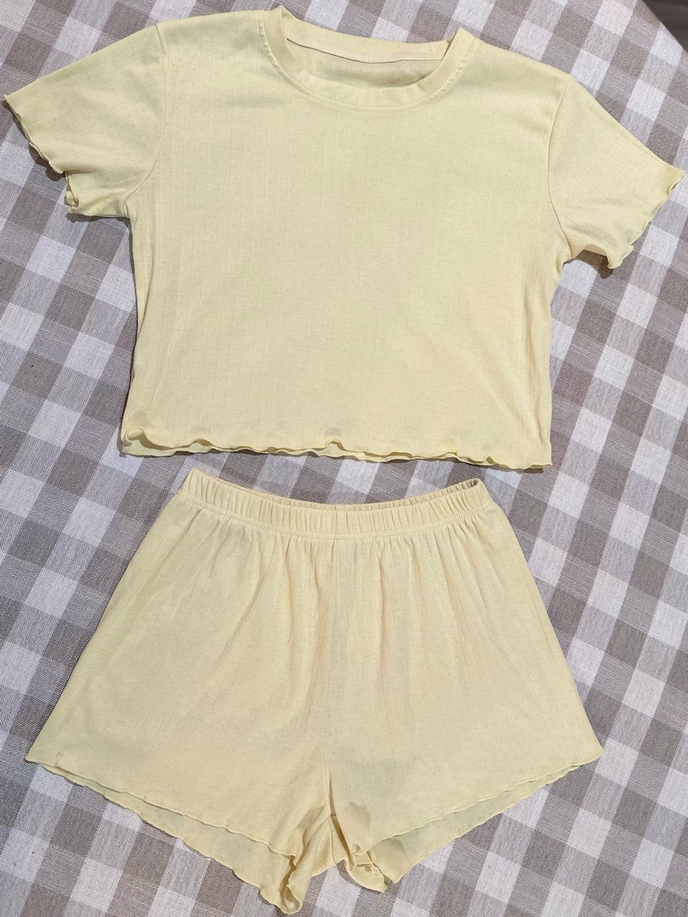 Pointelle Scalloped Butter Yellow Short Sleeve Lounge/Pajama Set